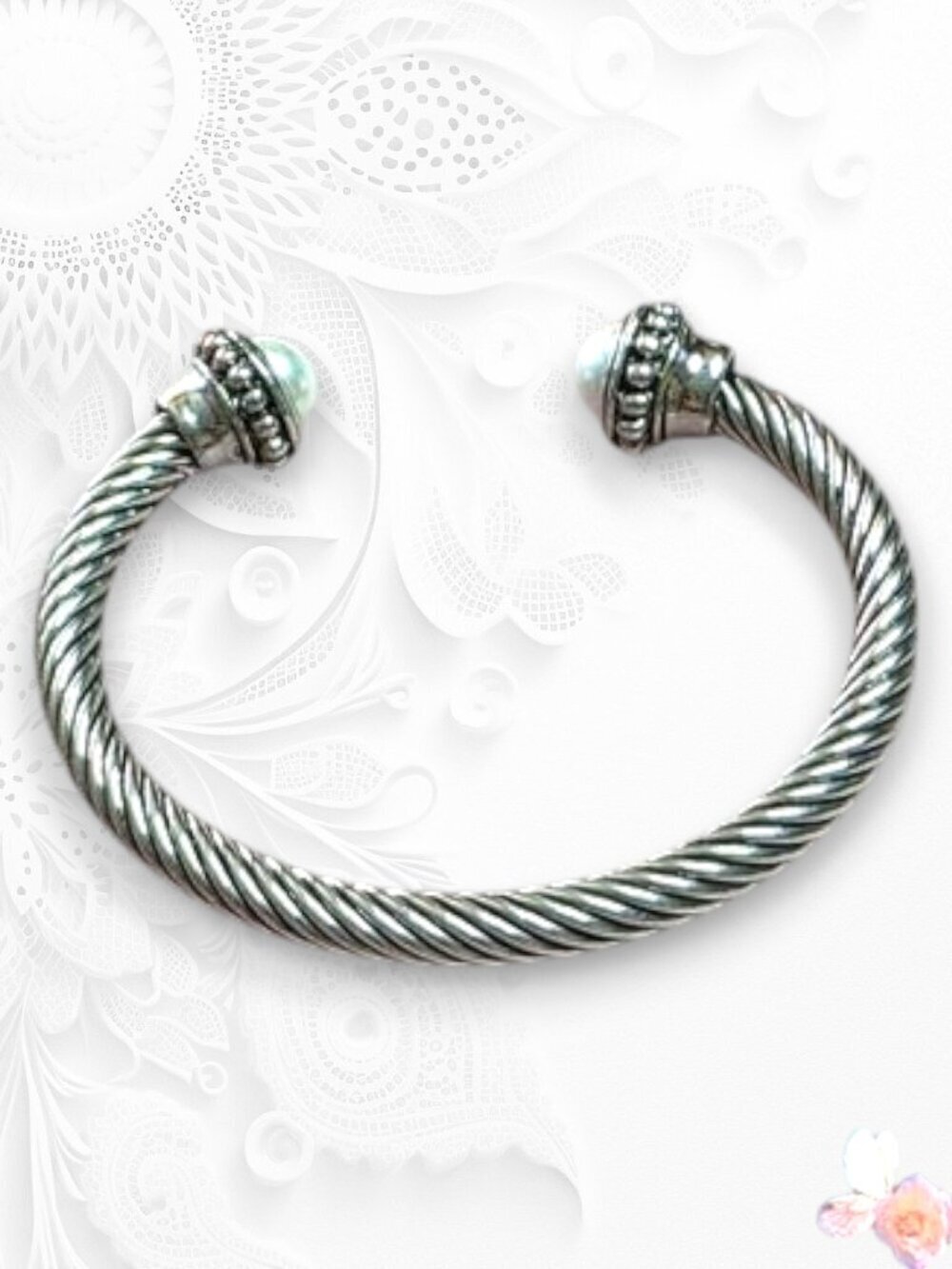 Vintage Estate Cable Cuff Bangle Bracelet Faux Pearl Silver Tone Unsigned